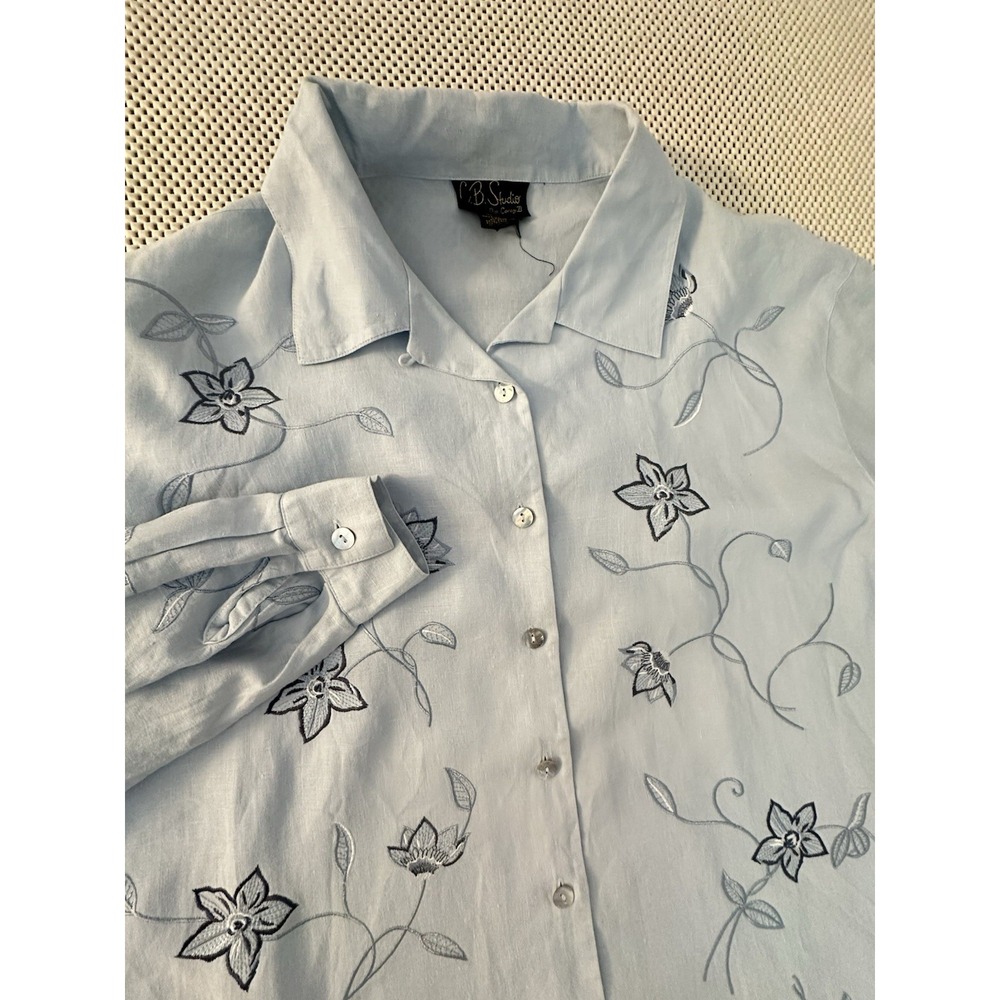 VTG CB Studio 100% Linen Blouse Shirt Women Sz M/L Button Down Embroidered‎